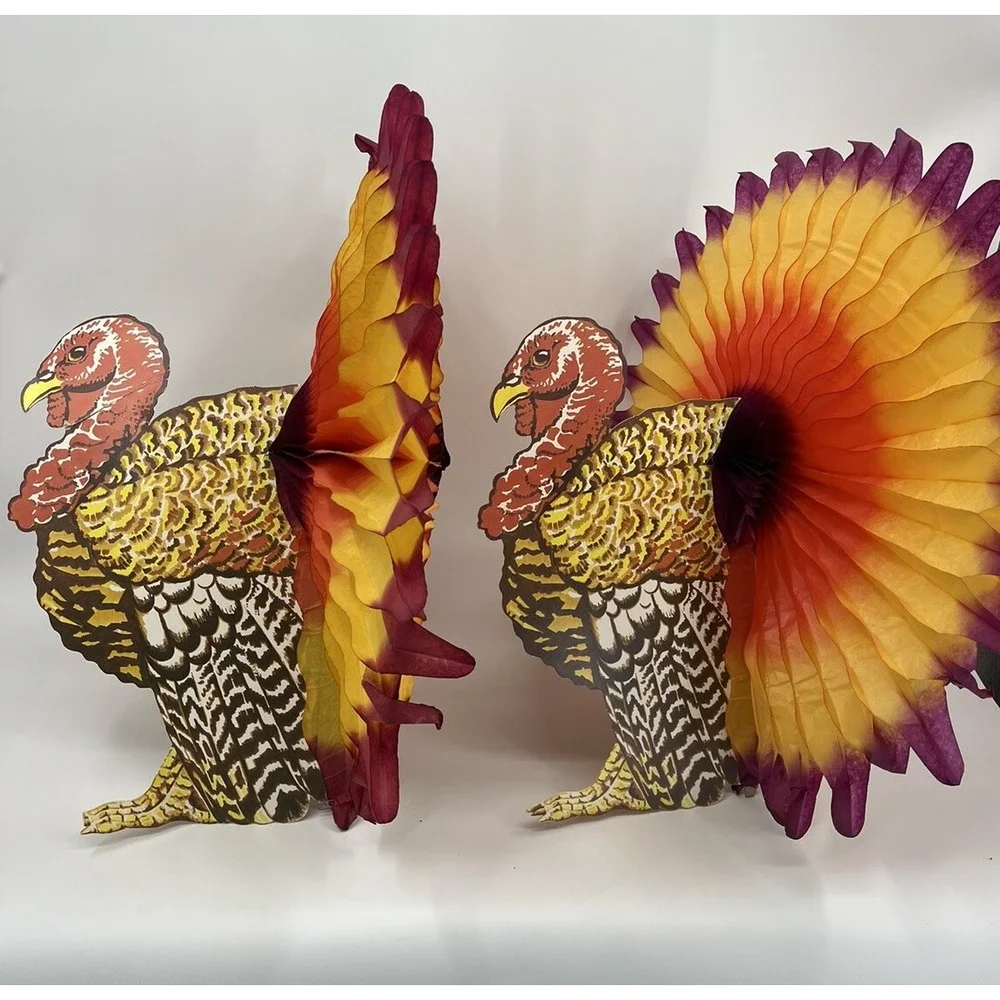 Vintage Turkeys Thanksgiving Centerpiece Honeycomb Tissue Paper Die Cut Lot Of 2